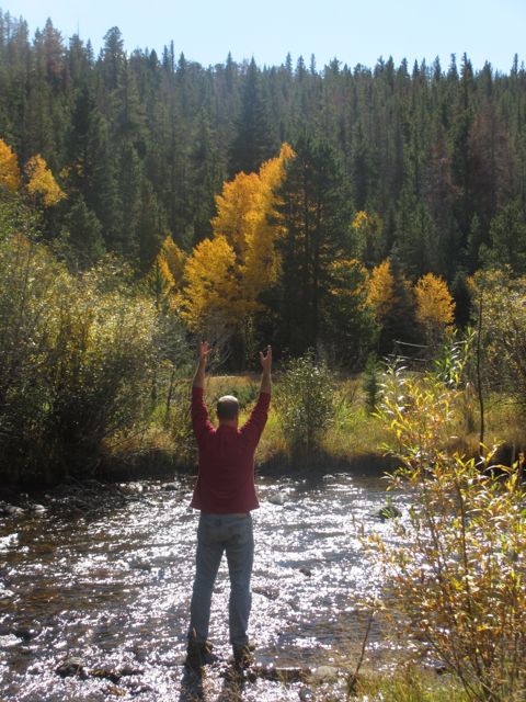 Picture of TimCo in the river with forest and aspen turning gold in the background.