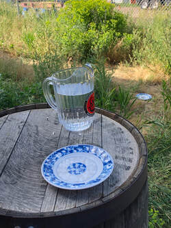 Pitcher of water and plates of water out for the birds.