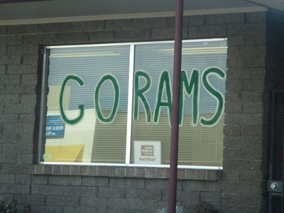 Window painted with "Go Rams."