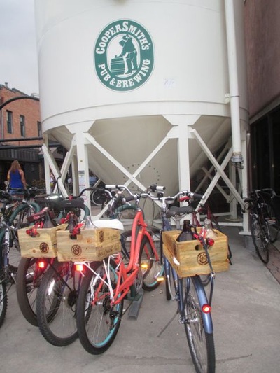 Bikes parked at grain silo.