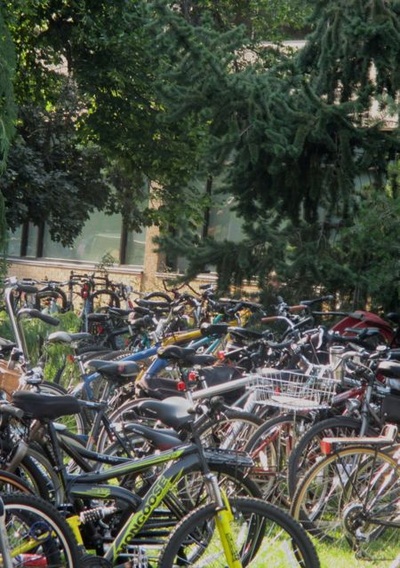 hundreds of parked bikes.