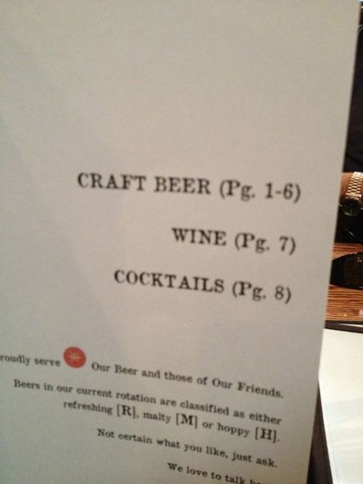 Menu stating, "Craft beer, pages 1-6; Wine page 7, Cocktails page 8."