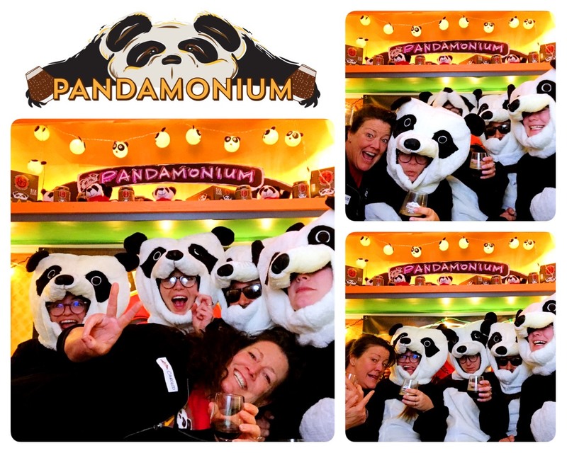 pictures from the pandamonium photo booth with people in panda costumes