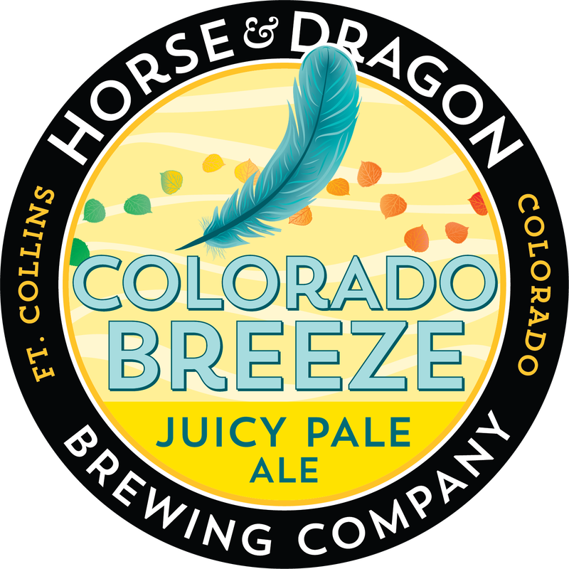 Colorado Breeze Juicy Pale Ale logo; A teal feather floating amongst leaves ranging from green to yellow to orange, on a light yellow background with waves of wind behind.