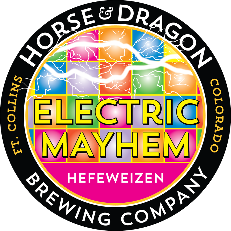 Electric Mayhem Hefeweizen logo; a background with varying brightly colored squares (red, orange, yellow, green, blue, purple, pink) and two volts of electricity arcing across the logo.
