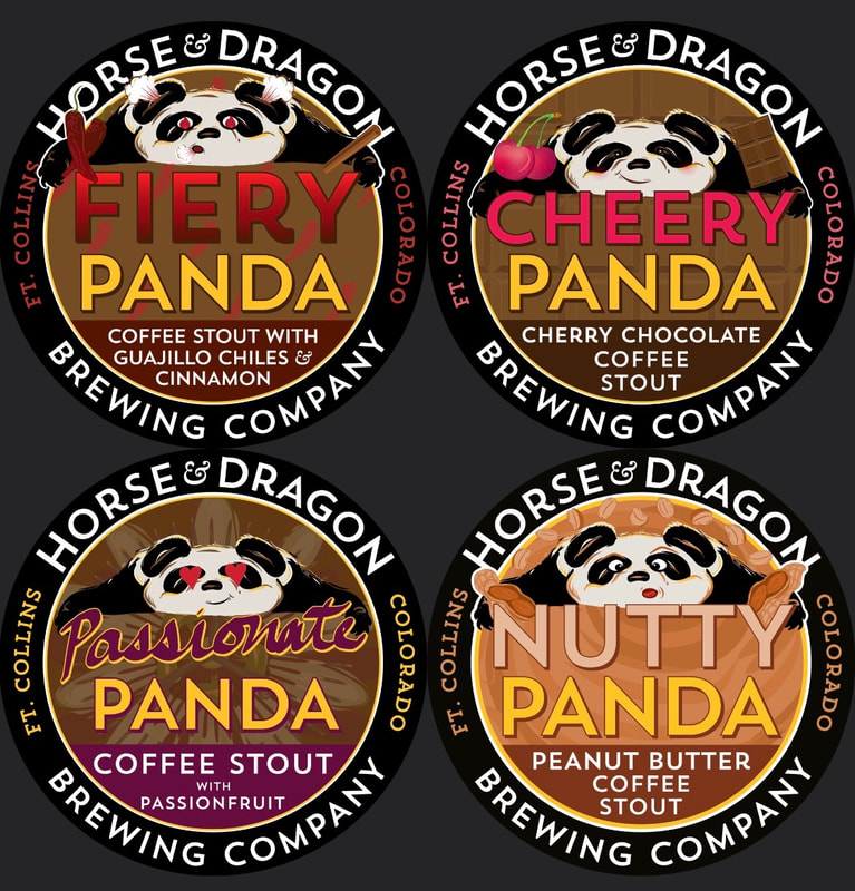 4 variations of sad panda coffee stout logos.