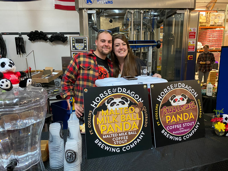 couple pouring beer and 2 brand logos for panda variations.