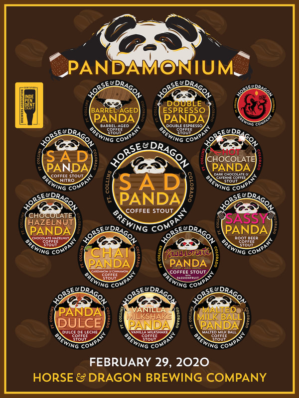 Pandamonium poster with logos for all the variants of Sad Panda Coffee Stout that we made in 2020 for the mini-festival