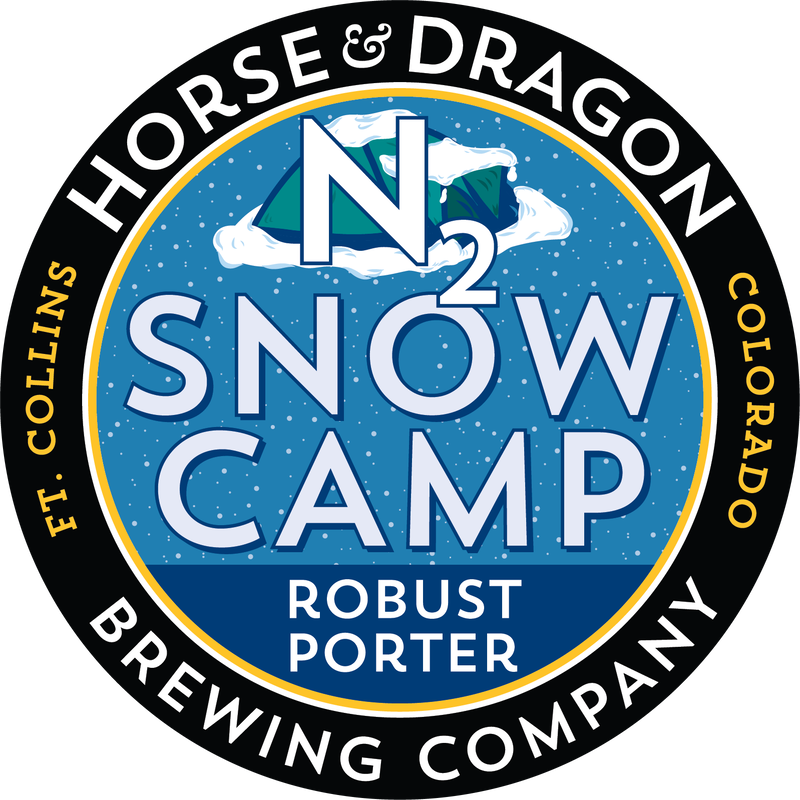 Snow Camp Robust Porter logo; A teal and dark blue tent covered in snow drifts in a snow pile with a blue background and snow falling. An N2 over the logo signifying that it is a nitro beer.